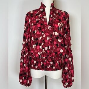 CAbi | Corsage Blouse Red Black Pink Floral Gathered Waist Women’s Size Small